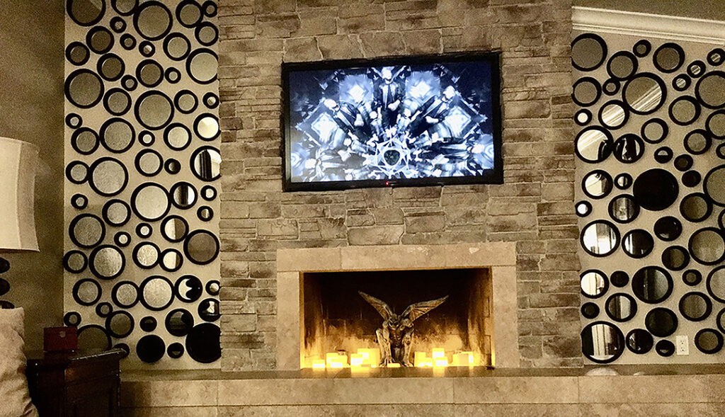 Living room fireplace and art