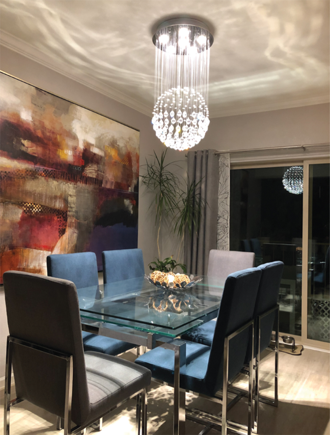 Dining area with crystal chandelier